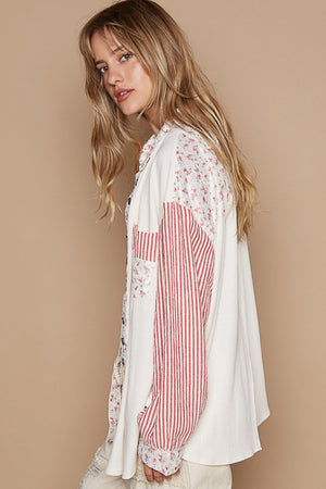 Long Sleeve Embroidered Print Patch Pocket Shirt - Oatmeal Red Multi