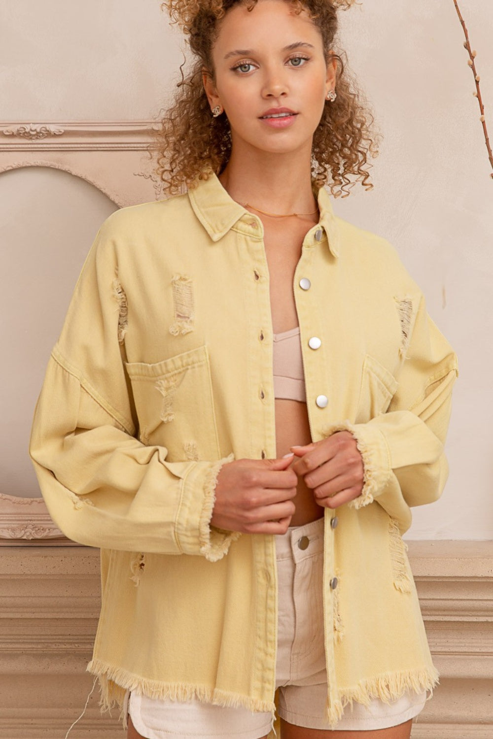 Button Down Raw Hem Distressed Shacket - Lemonade