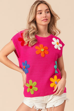 Flower Accent Knit Top - Fuchsia Pink