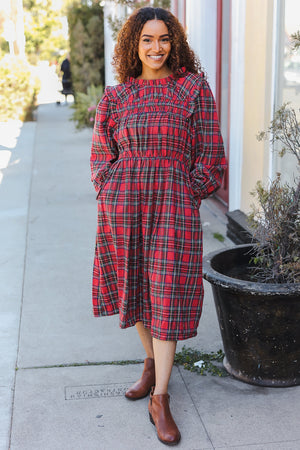 All I Want Hunter Red Plaid Check Woven Pocketed Dress