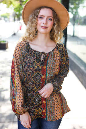 Weekend Ready Black & Rust Paisley Raglan Keyhole Tie Top