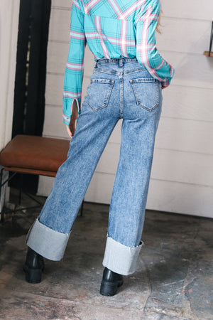 Cotton High Rise Cuffed Wide Leg Denim Jeans