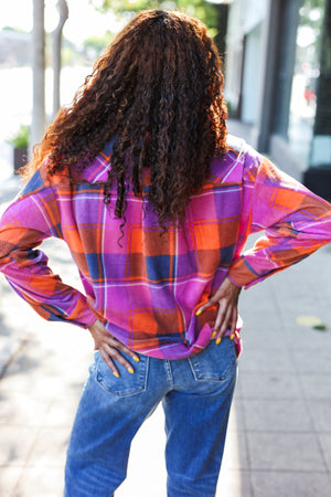 Stand Out Magenta & Orange Plaid Fleece Collared Shacket