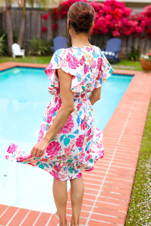 Hello Beautiful Ivory & Fuchsia Floral Sequin Smock Waist Midi Dress