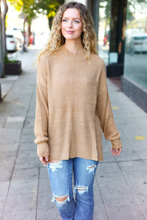 Classy Chic Taupe Mock Neck Chest Pocket Knit Sweater