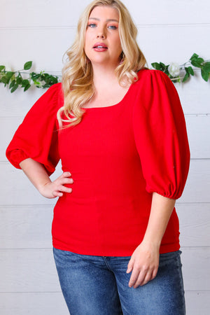 Red Crinkle Bubble Puff Sleeve Blouse