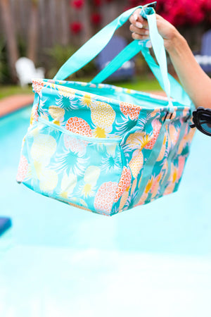 Turquoise Pineapple Print Collapsible Canvas & Nylon Tote