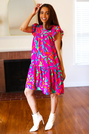 You Got This Purple Abstract Floral Print Tiered Ruffle Sleeve Dress