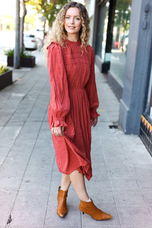 Love Found Rust Mock Neck Embossed Lined Dress