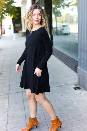 Classic Elegance Black Long Sleeve Shift Knit Dress