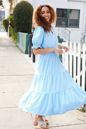 Follow Me Aqua Frill Notch Neck Shirred Waist Tiered Maxi Dress