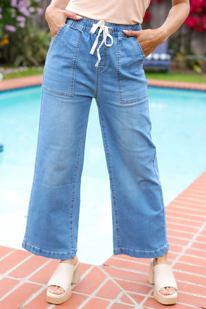 Denim Blue High Rise Drawstring Cropped Jeans