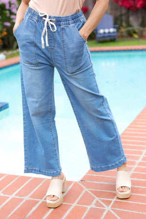 Denim Blue High Rise Drawstring Cropped Jeans