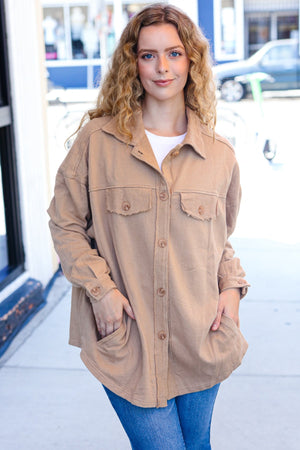 Weekend Ready Camel Terry Oversized Shirt Shacket