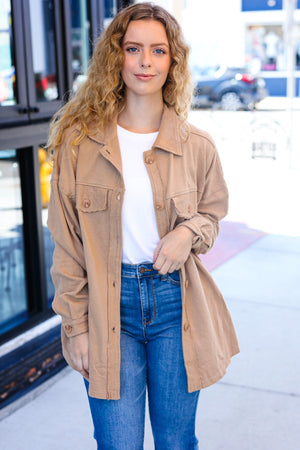 Weekend Ready Camel Terry Oversized Shirt Shacket