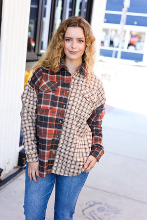 Make A Statement Rust & Taupe Plaid Color Block Shacket