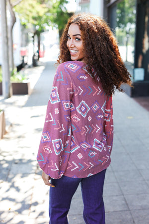 Boho Vibes Elastic Long Sleeve Aztec Print V Neck Pullover