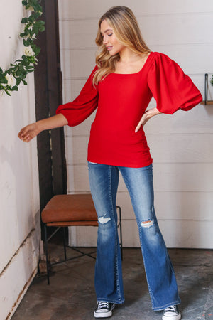 Red Crinkle Bubble Puff Sleeve Blouse