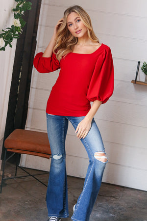 Red Crinkle Bubble Puff Sleeve Blouse