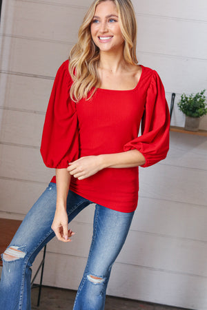 Red Crinkle Bubble Puff Sleeve Blouse