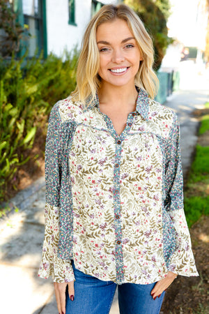 Diva Dreams Mint & Oatmeal Floral Button-Down Bell Sleeve Top