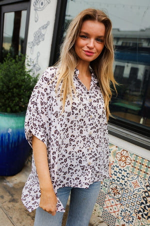 Feeling Bold Ivory Animal Print Dolman Collar Button Down Top