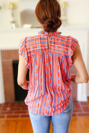 Red & Blue Boho Stripe Flutter Sleeve Top