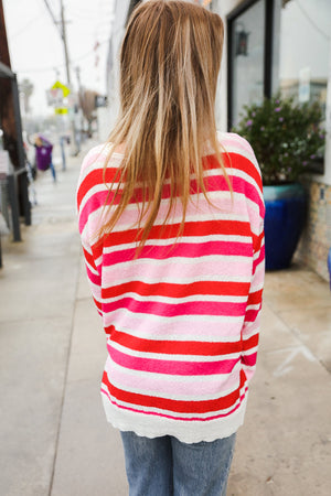 Follow Me Red/Pink Loose Knit Stripe Ribbed Pullover