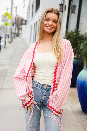 Spell Bound Red & Pink Cotton Ribbon Tie Gingham Pocket Jacket