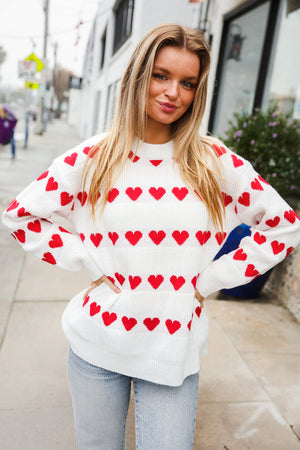 Be Mine White Jacquard Heart Stripe Pullover Sweater