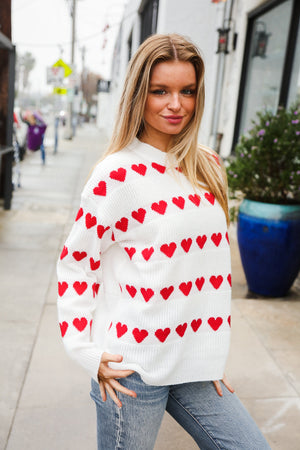 Be Mine White Jacquard Heart Stripe Pullover Sweater