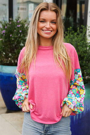 Lock Eyes Pink & Floral Bubble Sleeve French Terry Pullover