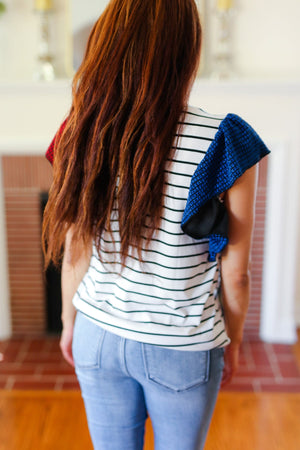 Glam It Up Red & Blue Glitter Flutter Sleeve Striped Top