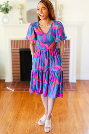 Remember Me Blue & Fuchsia Geo Print V Neck Dress