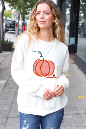 Halloween Lovely Ivory Embroidered Pumpkin Knit Sweater