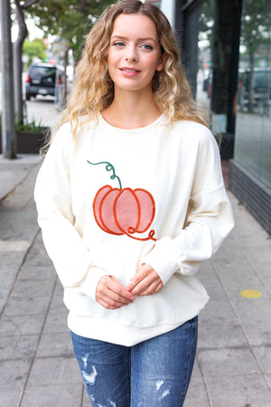 Halloween Lovely Ivory Embroidered Pumpkin Knit Sweater