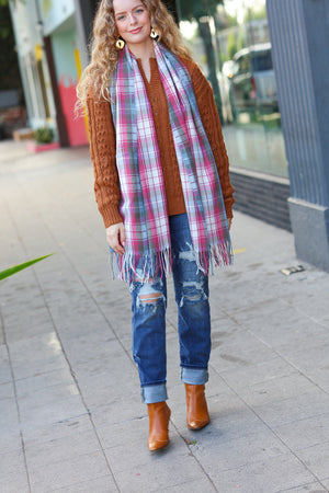 Keep Me Cozy Blue & Light Burgundy Plaid Fringe Scarf