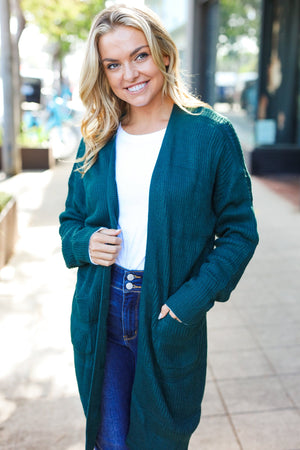 Everyday Hunter Green Striped Knit Open Cardigan