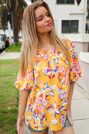 Give Joy Yellow Tropical Floral Print Elastic Elbow-Length Sleeve Blouse