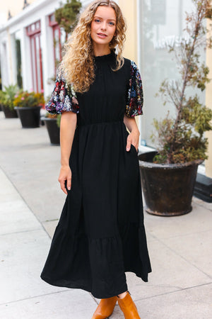 Black Floral Sequin Puff Sleeve Mock Neck Tiered Maxi Dress