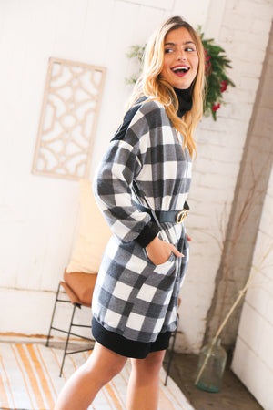 Black Buffalo Plaid Belted Sweater Dress