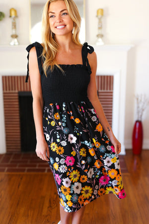Give Your All Black Smocked Shoulder Tie Floral Print Dress