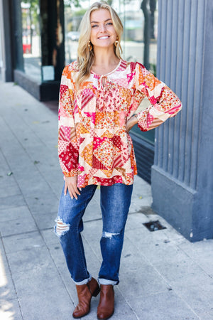 Rust & Magenta Patchwork Print Front Tie Boho Top