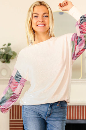 Stand Out Cream Checker Textured Knit Bubble Sleeve Top