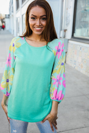 Flower Power Mint French Terry Floral Print Colorblock Pullover