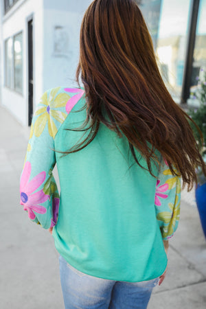 Flower Power Mint French Terry Floral Print Colorblock Pullover