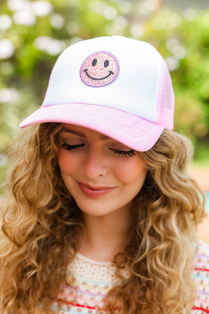 Baby Pink Glitter Smiley Face Mesh Trucker Hat