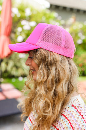Neon Pink Glitter Smiley Face Mesh Trucker Hat