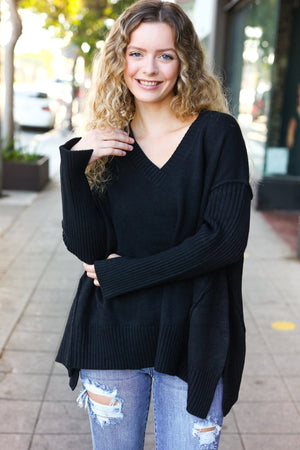 Casual Chic Black Oversized V Neck Rib Knit Sweater