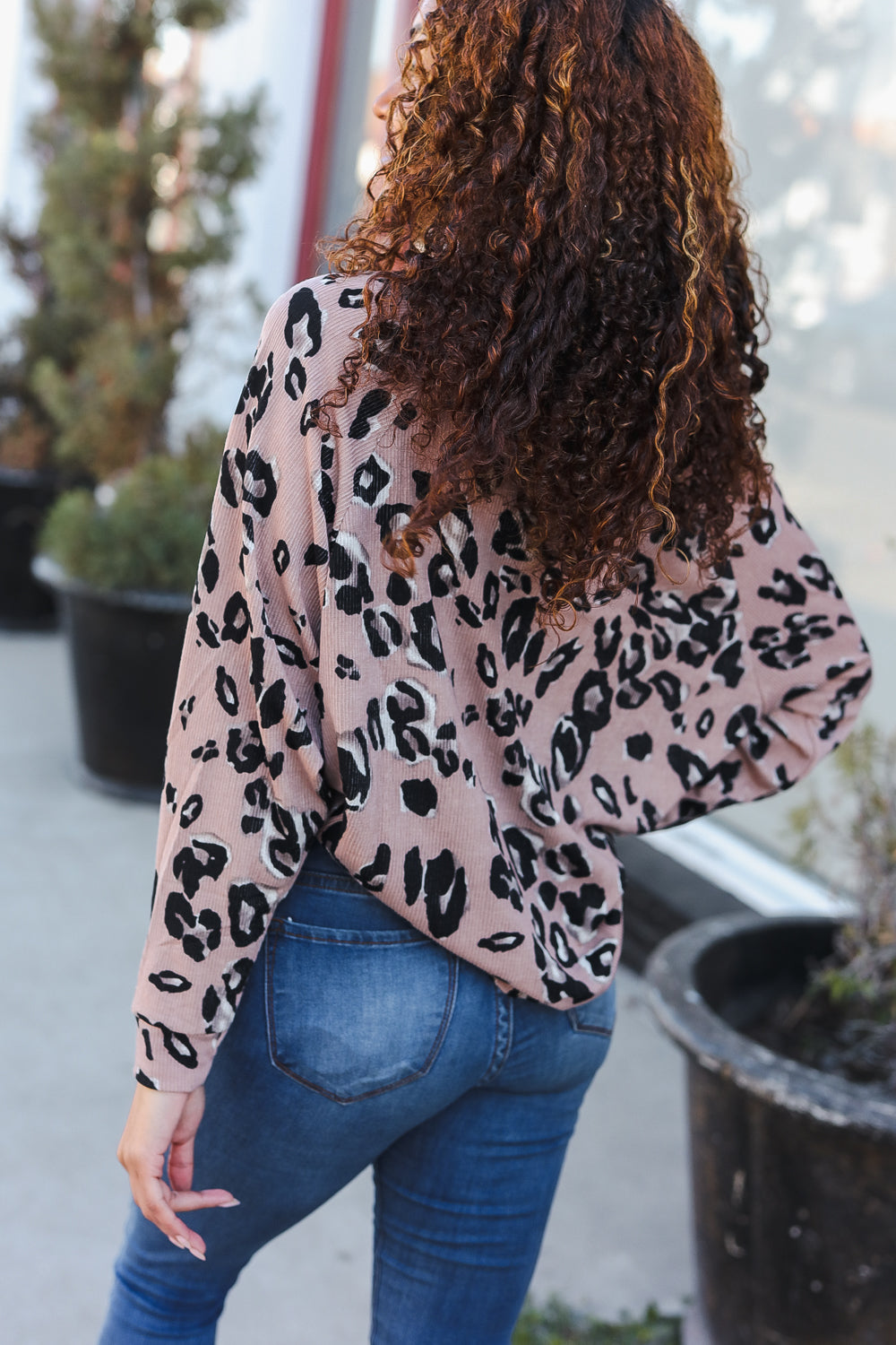 Be Bold Beige Rib Animal Print Button Placard Dolman Pullover